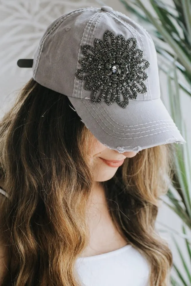 Distressed Rhinestone Flower Baseball Hat