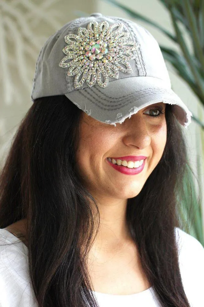 Distressed Rhinestone Flower Baseball Hat