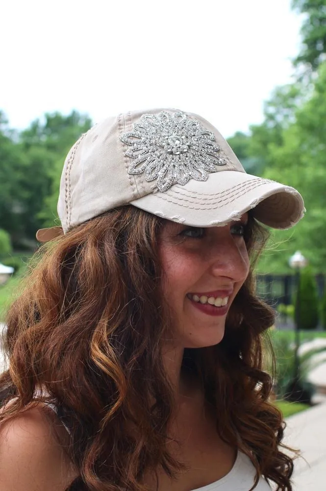 Distressed Rhinestone Flower Baseball Hat