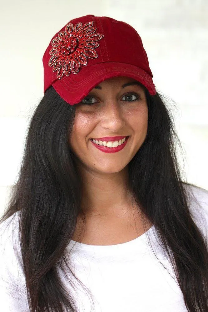 Distressed Rhinestone Flower Baseball Hat