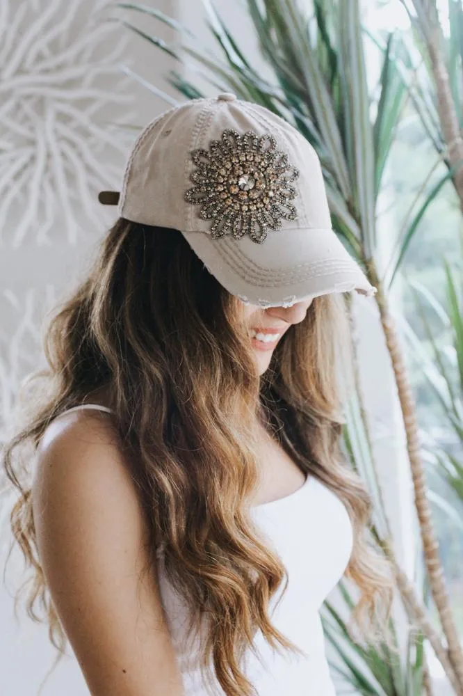 Distressed Rhinestone Flower Baseball Hat