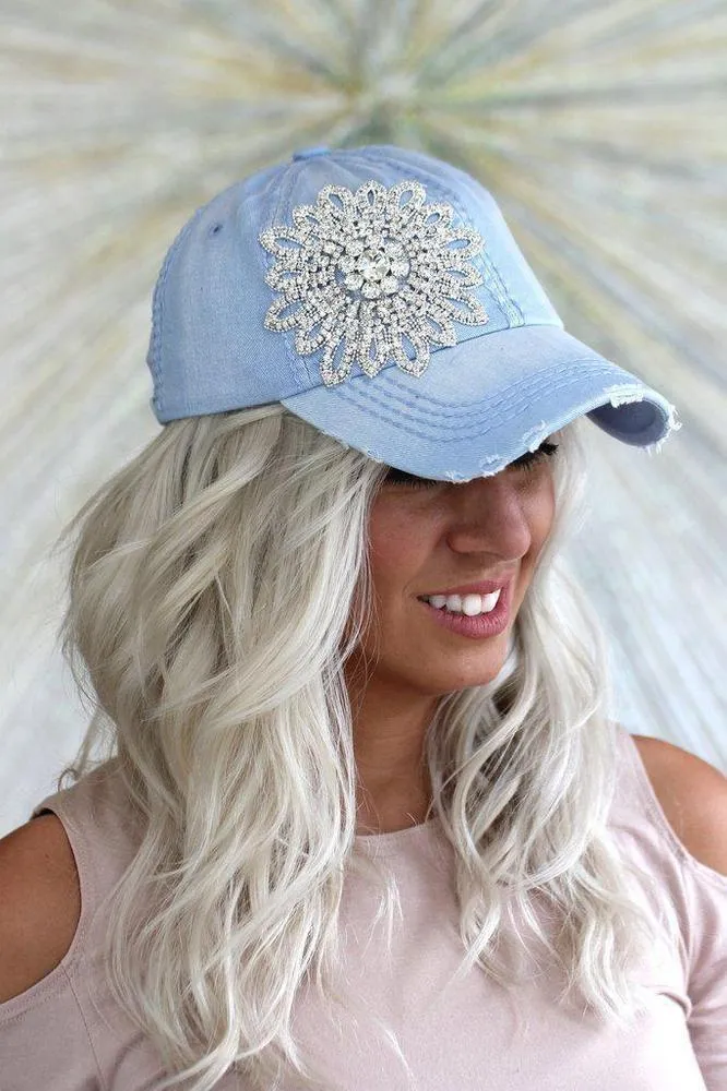 Distressed Rhinestone Flower Baseball Hat