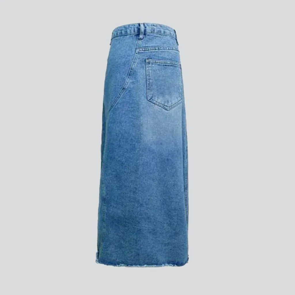 Distressed slit maxi denim skirt