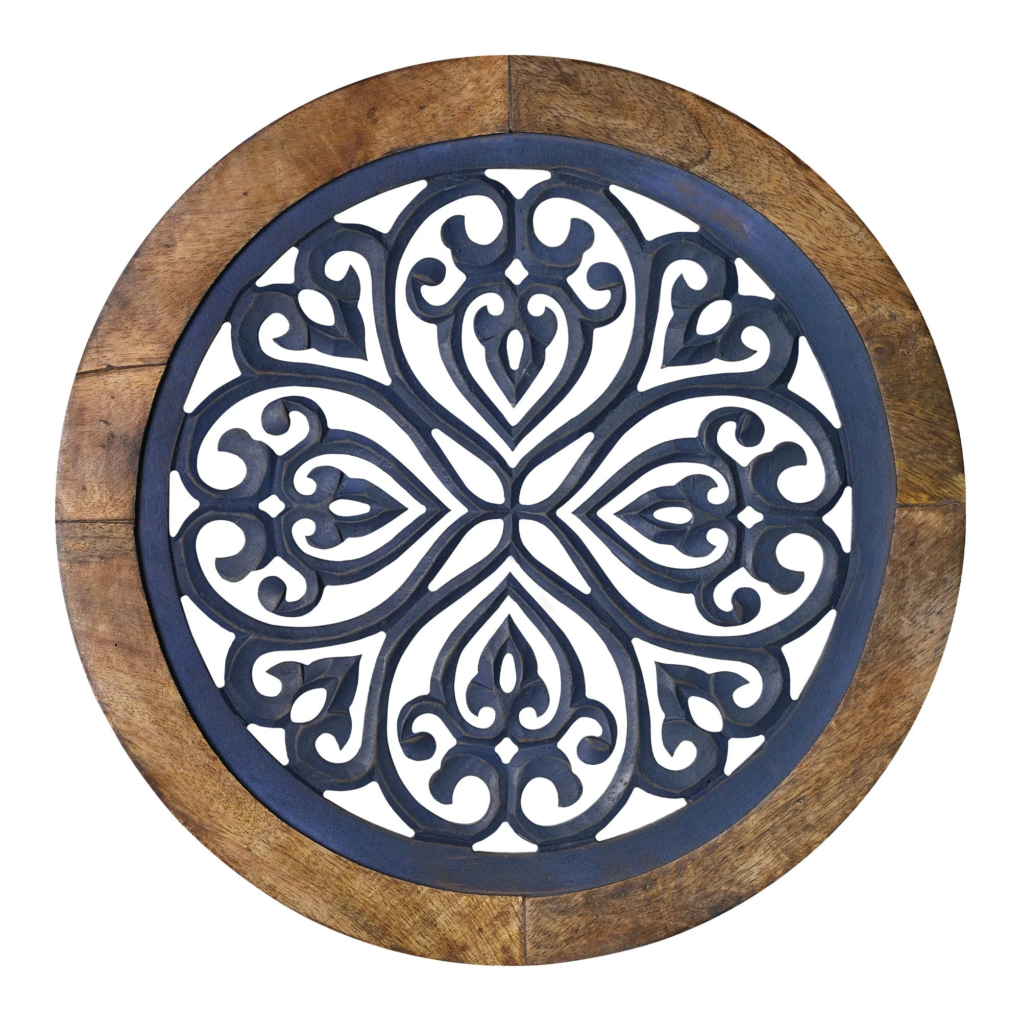 Distressed Wood Framed Round Navy Blue Wall Accent Medallion Art - 16"