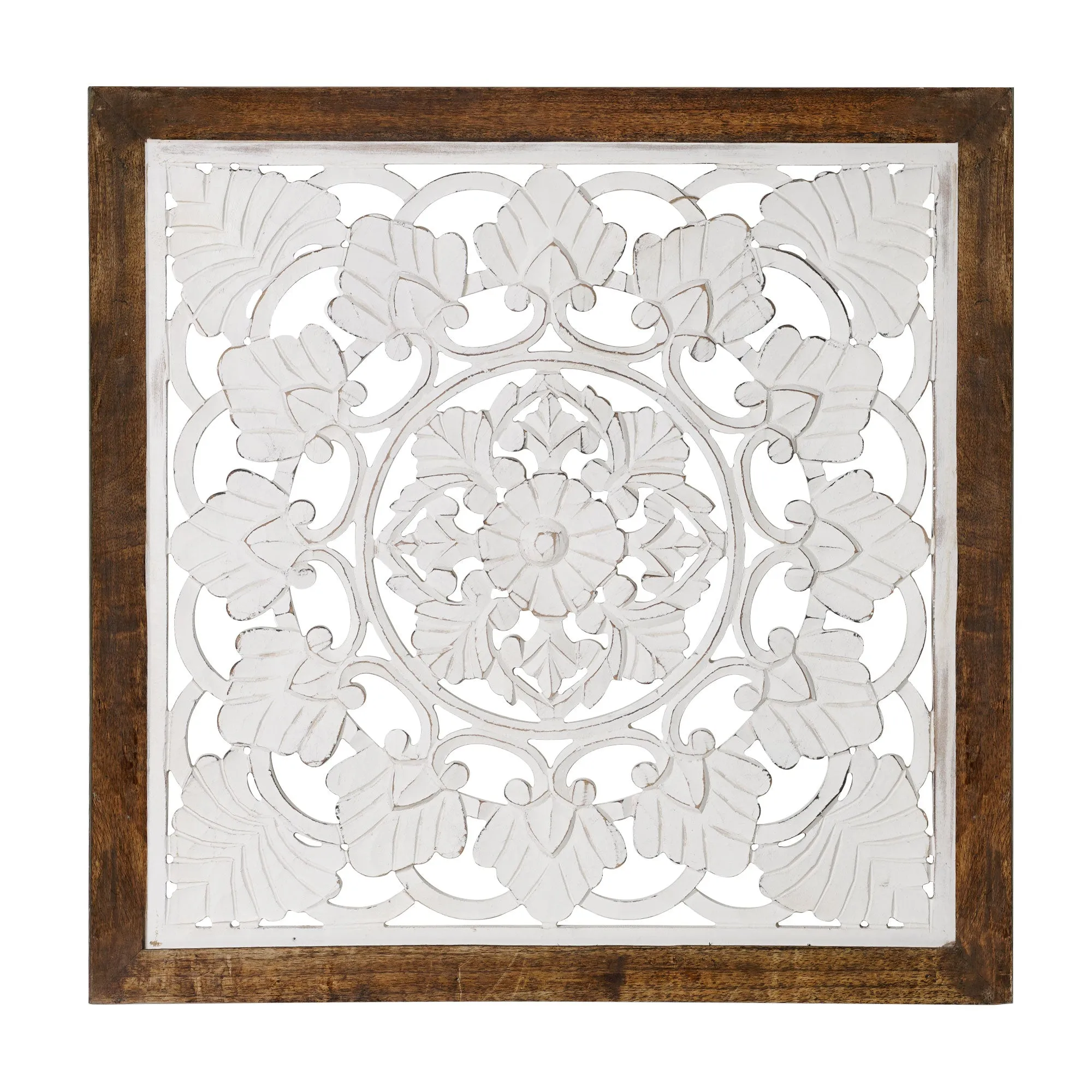 Distressed Wood Framed Square Floral White Wall Medallion  - 24" x 24"