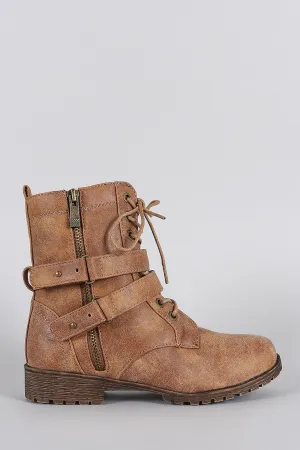 Distressed Zipper Combat Lace Up Ankle Boots