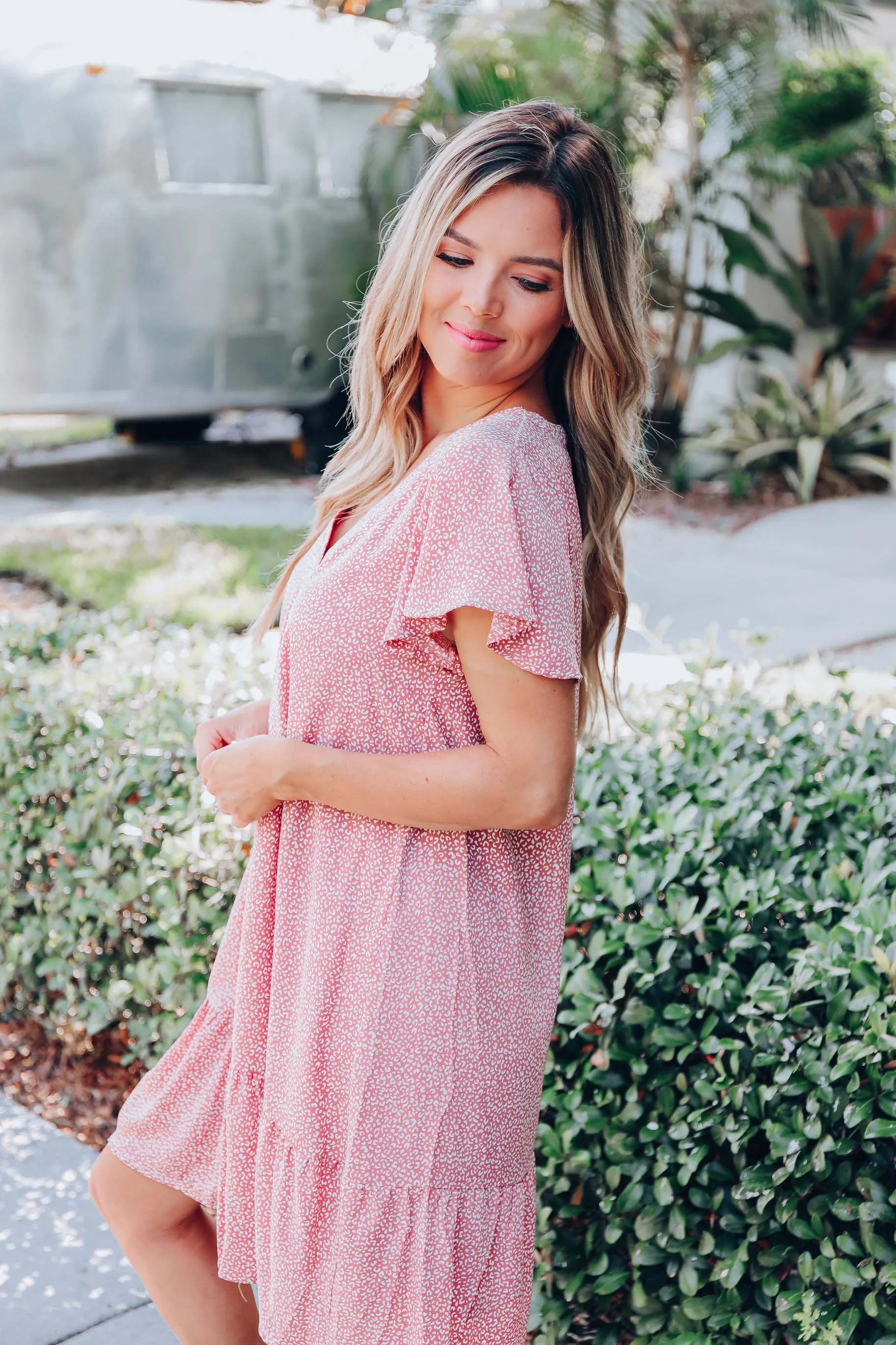 Ditsy Leopard Chiffon Dress - Blush