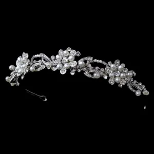 Divine Antique Silver Crystal & Ivory Pearl Flower Headpiece