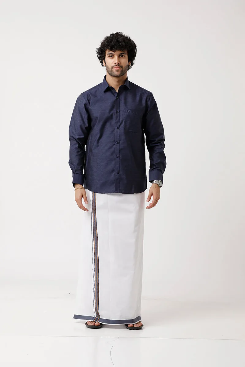 Divine - Berry Blue Cotton Blend Single Dhoti With Fancy Borders For Men | Uathayam