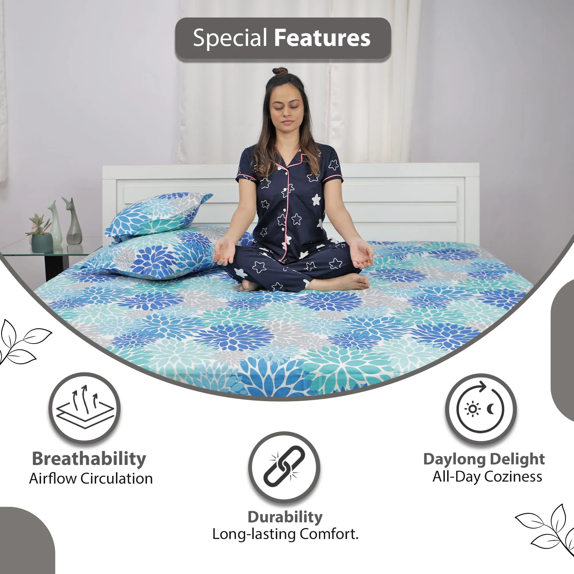 Divine Casa 144 TC 100% Cotton Set of 2 Combo Bedsheet of Single and Double Bed | Blue | Floral Print