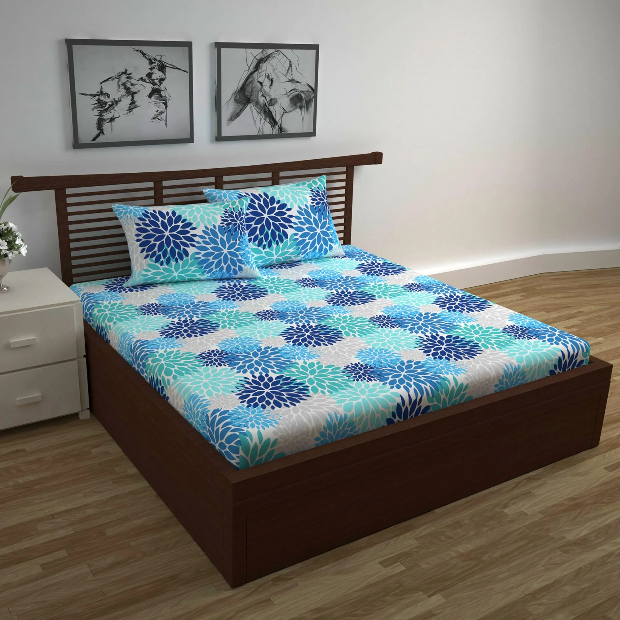 Divine Casa 144 TC 100% Cotton Set of 2 Combo Bedsheet of Single and Double Bed | Blue | Floral Print