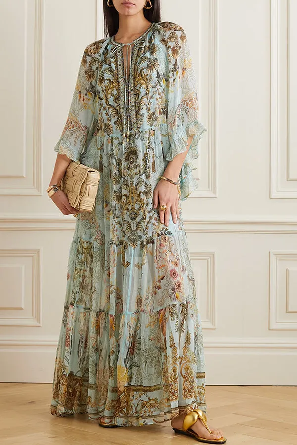 Divinely Illustrious Bohemian Ruffle Sleeve A-line Tiered Maxi Dress