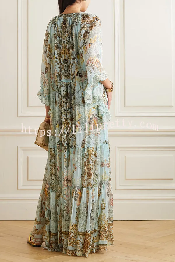 Divinely Illustrious Bohemian Ruffle Sleeve A-line Tiered Maxi Dress