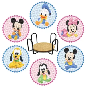 DIY Cartoon Diamond Art Coasters, 6 Piece Set With Holder, Round Diamonds