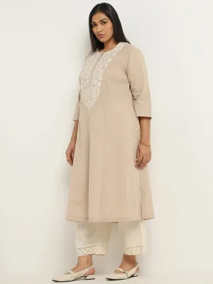 Diza Beige Floral Embroidered Cotton Kurta