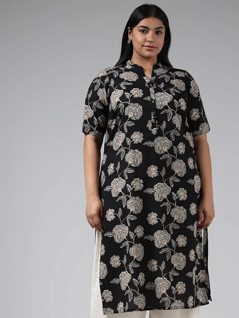 Diza Black Floral Printed Cotton Kurta