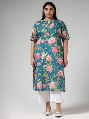 Diza Blue Bold Floral Printed Cotton Kurta