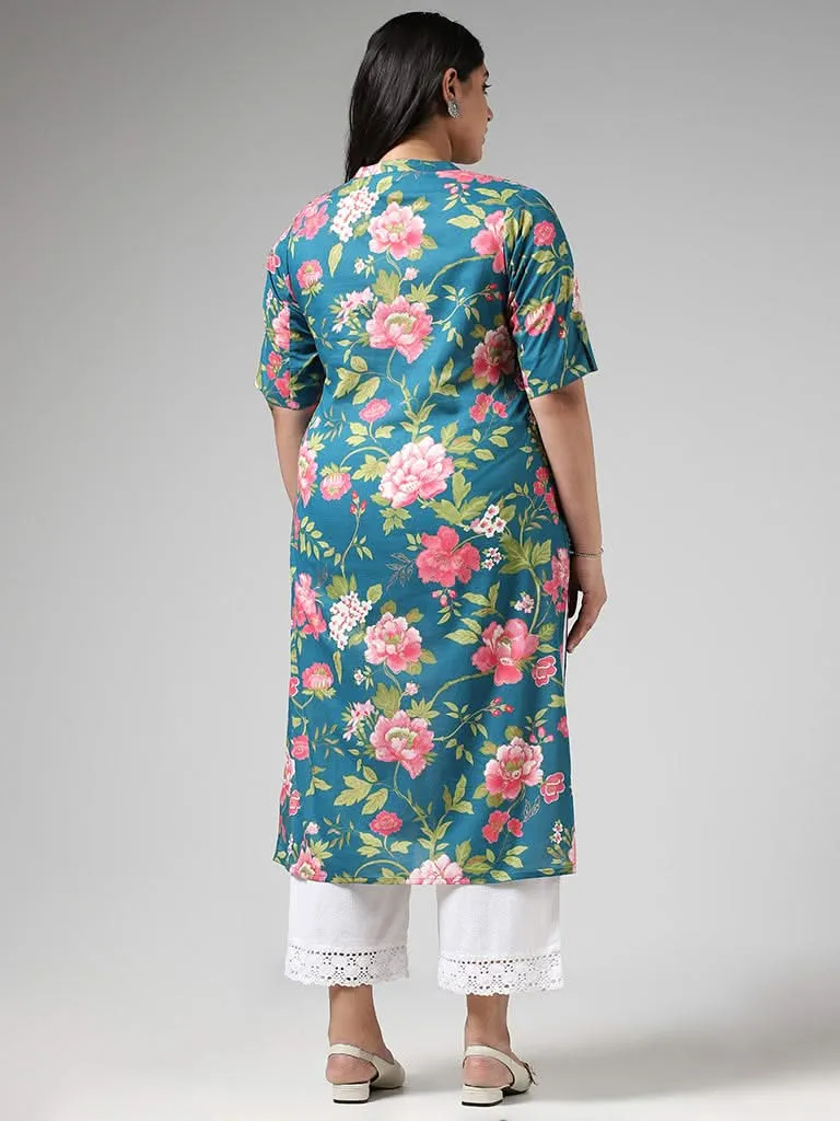 Diza Blue Bold Floral Printed Cotton Kurta