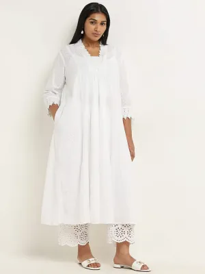 Diza White Crochet Detailed A-line Cotton Kurta