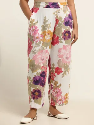 Diza White Floral Printed Straight Pants