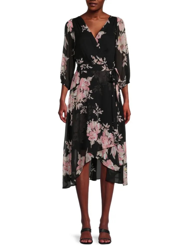 Dkny Floral Faux Wrap Midi Dress, Black Multi