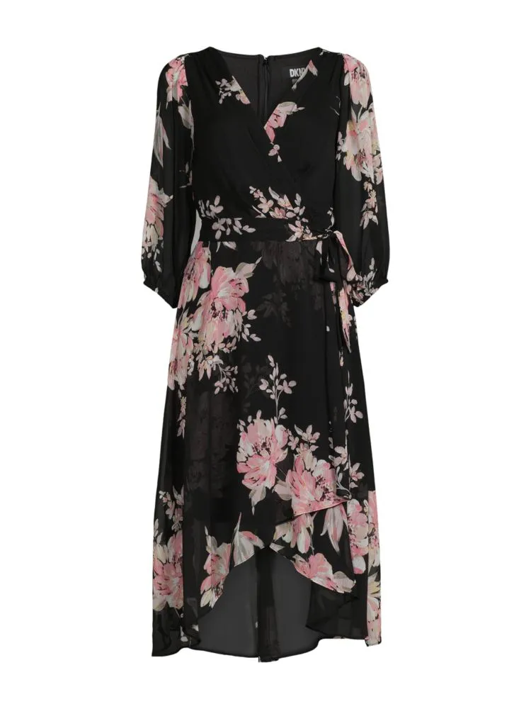 Dkny Floral Faux Wrap Midi Dress, Black Multi