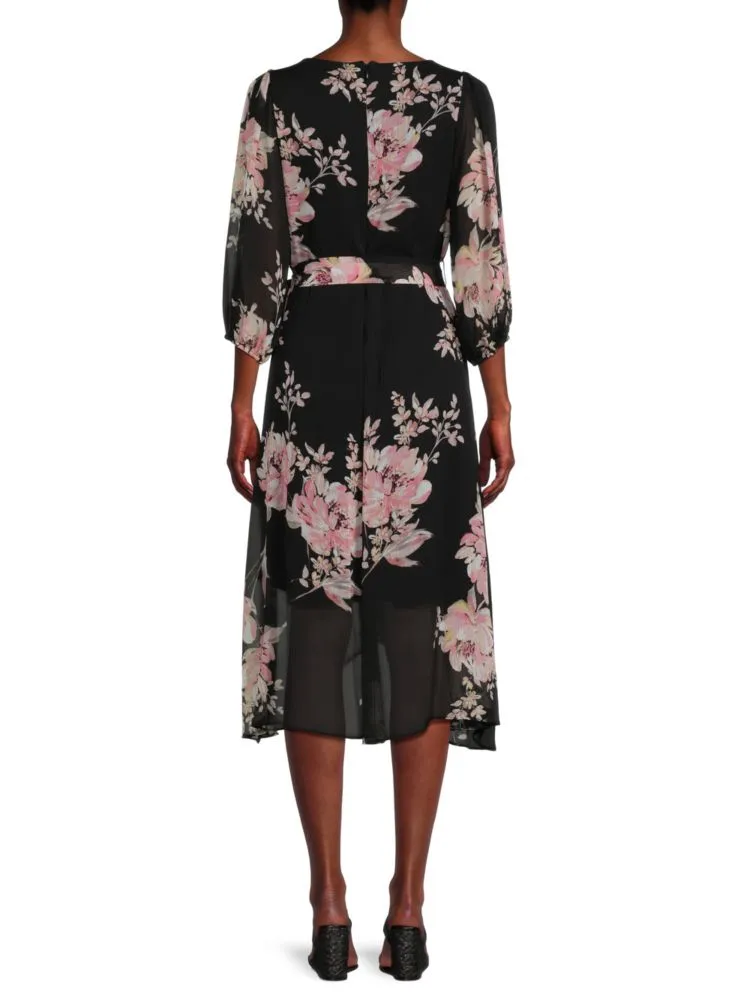 Dkny Floral Faux Wrap Midi Dress, Black Multi