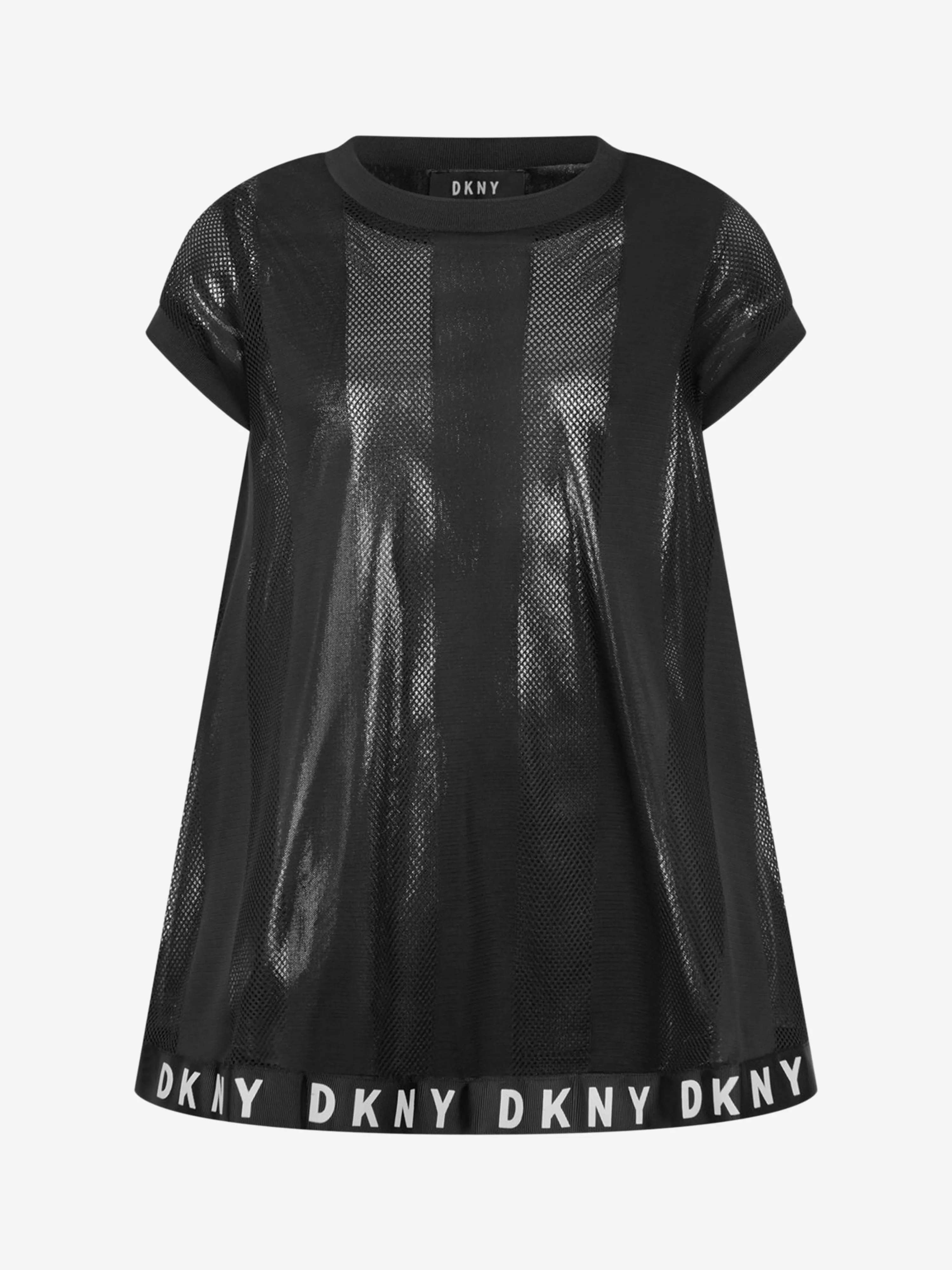 DKNY Girls Black & Silver Striped Mesh Dress