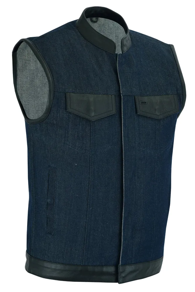 DM961 Men's Blue Rough Raw Finish Denim Vest w Leather Trim