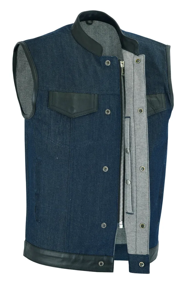 DM961 Men's Blue Rough Raw Finish Denim Vest w Leather Trim