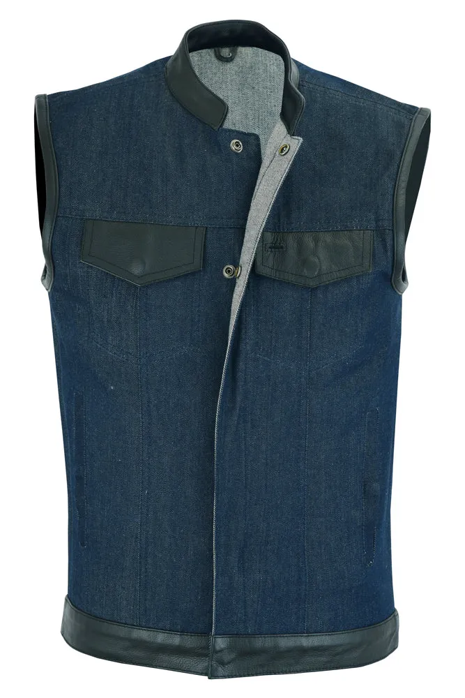 DM961 Men's Blue Rough Raw Finish Denim Vest w Leather Trim