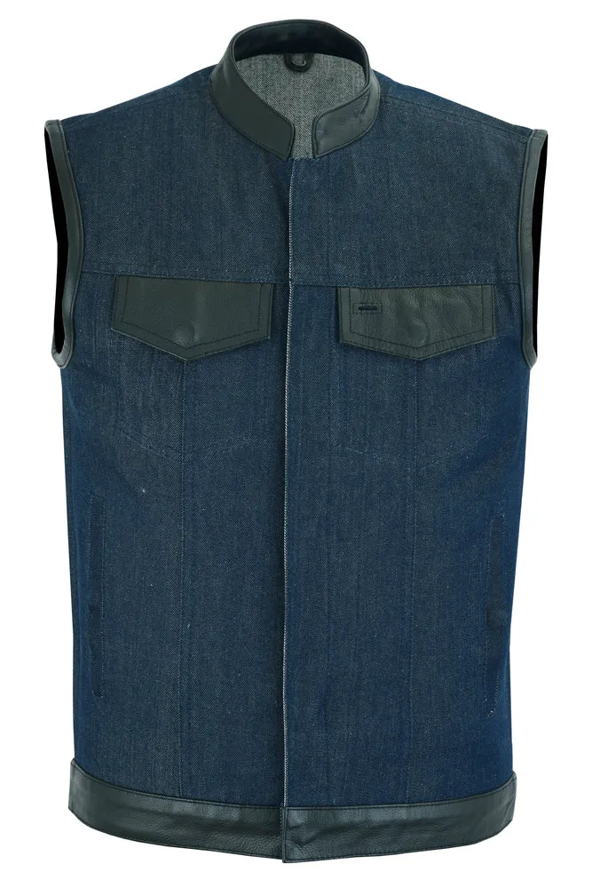 DM961 Men's Blue Rough Raw Finish Denim Vest w Leather Trim