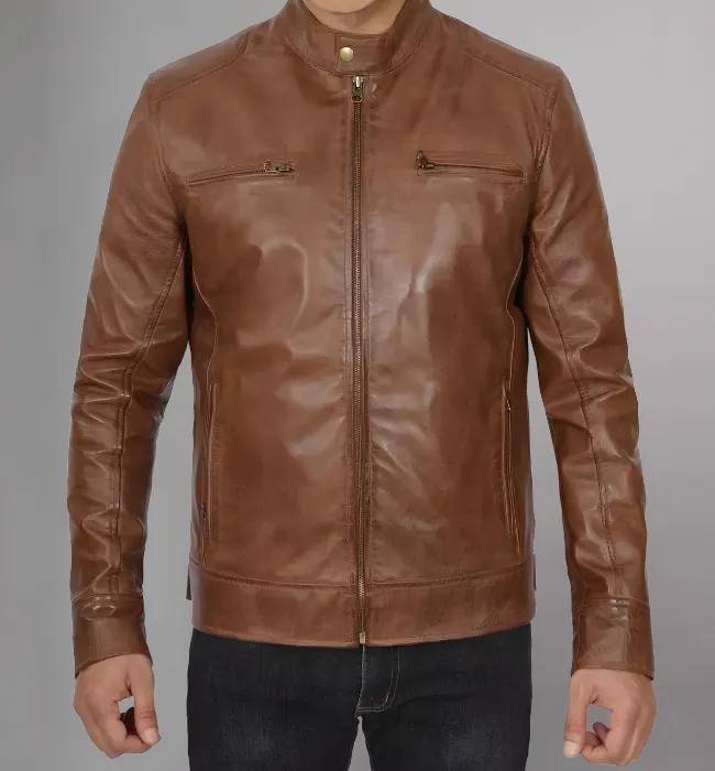 Dodge Mens Black Cafe Racer Leather Jacket