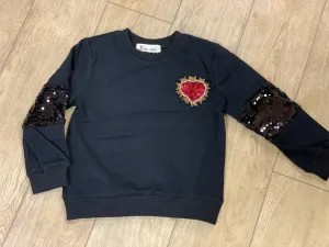 Doe a Dear Girls Black Long Sleeve Sweatshirt with Sequin Heart Applique