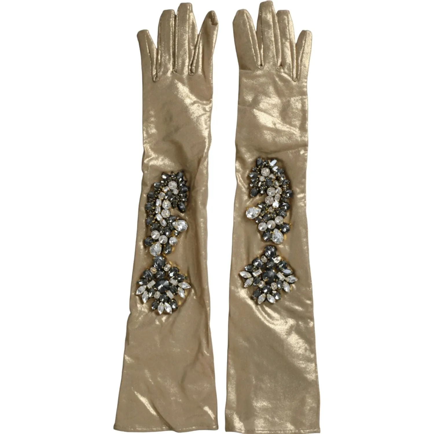 Dolce & Gabbana Beige Satin Crystal Elbow Length Gloves