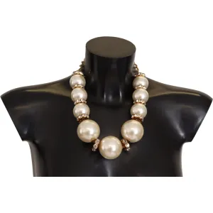 Dolce & Gabbana Elegant Faux Pearl Charm Necklace with Crystal Accents