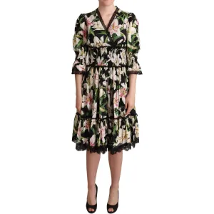 Dolce & Gabbana Elegant Lily Print Midi Dress with Lace Trim