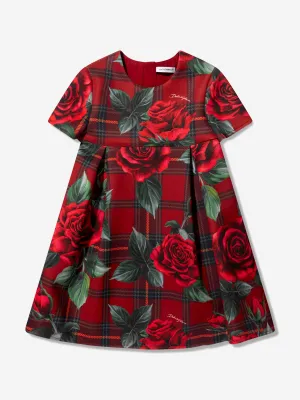 Dolce & Gabbana Girls Tartan Rose Shift Dress in Red