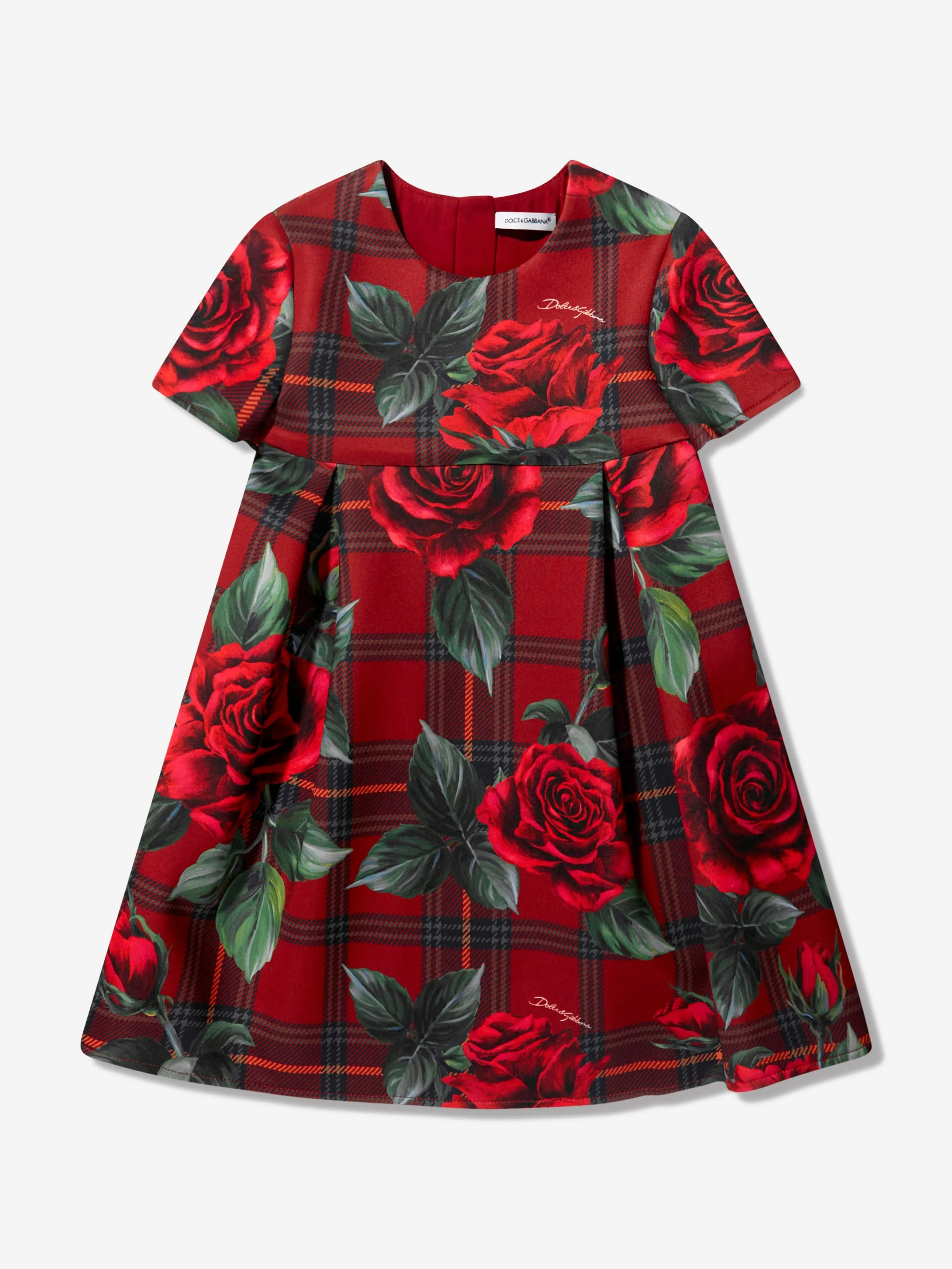 Dolce & Gabbana Girls Tartan Rose Shift Dress in Red