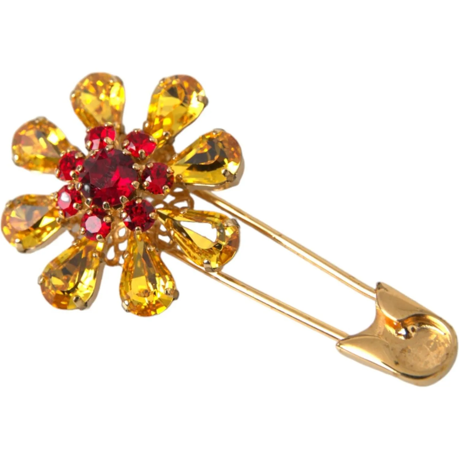 Dolce & Gabbana Gold Brass Floral Crystal Jewelry Brooch Pin