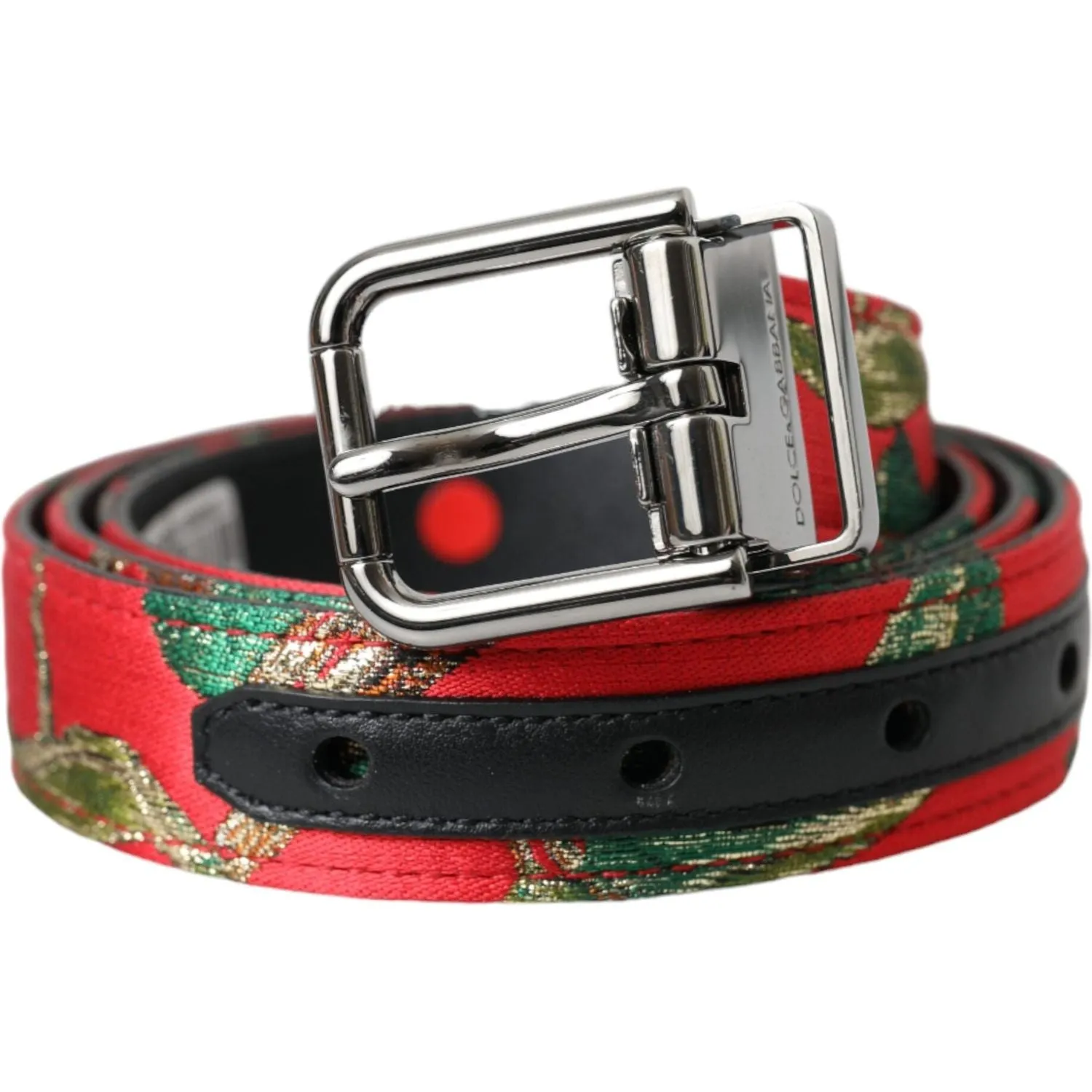 Dolce & Gabbana Red Leather Jacquard Silver Metal Buckle Belt