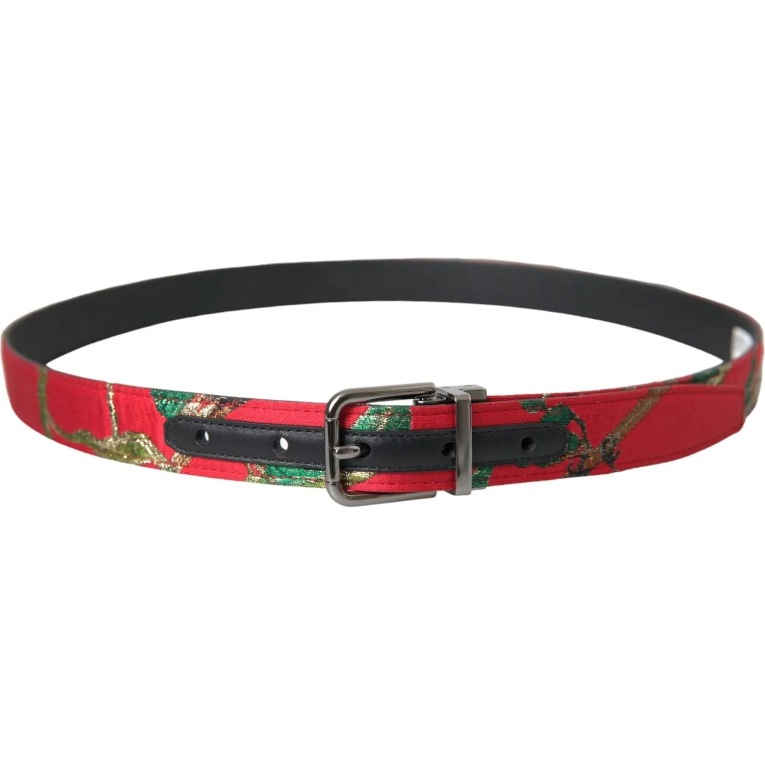 Dolce & Gabbana Red Leather Jacquard Silver Metal Buckle Belt