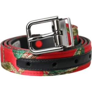 Dolce & Gabbana Red Leather Jacquard Silver Metal Buckle Belt