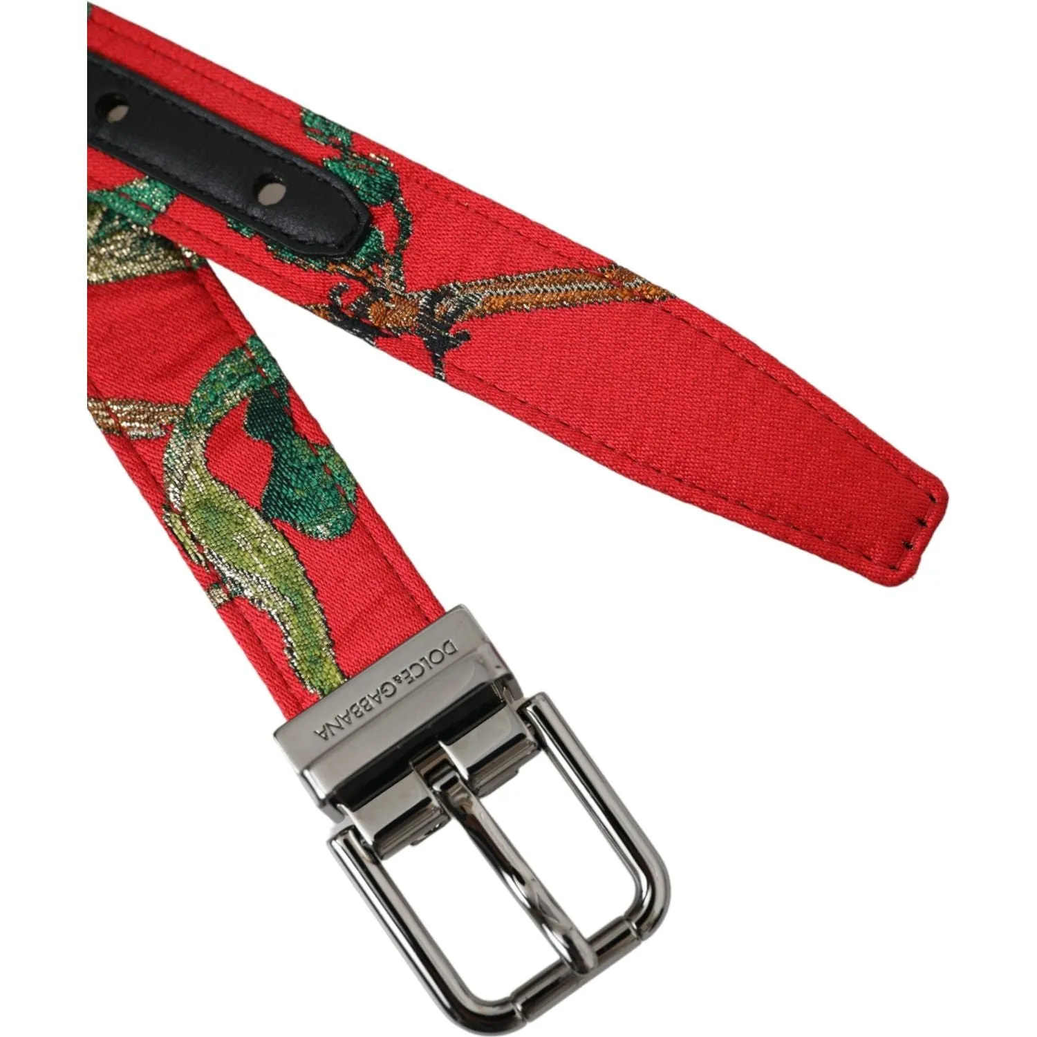 Dolce & Gabbana Red Leather Jacquard Silver Metal Buckle Belt