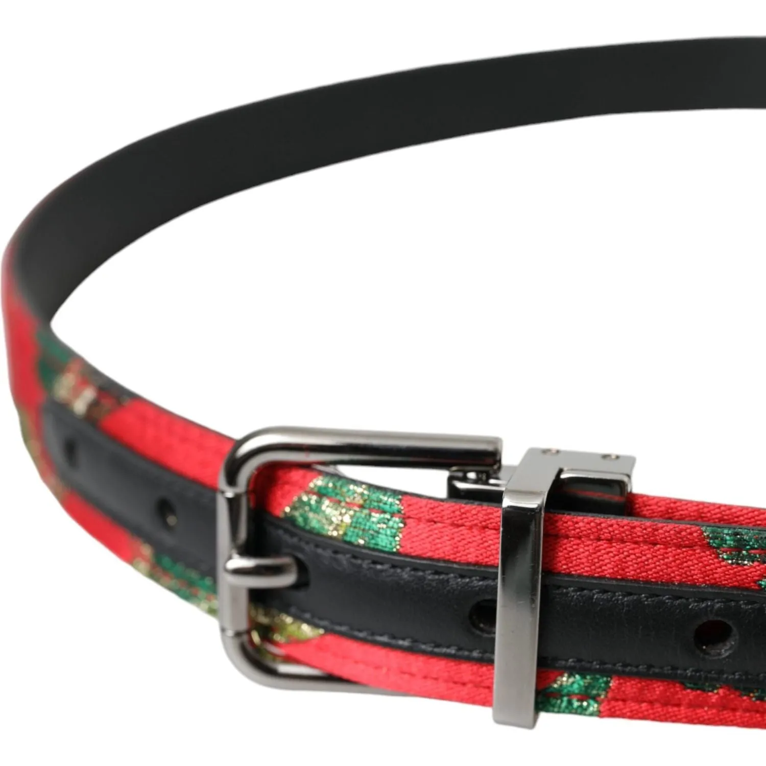 Dolce & Gabbana Red Leather Jacquard Silver Metal Buckle Belt