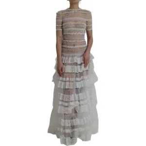 Dolce & Gabbana White Nylon Sheer Tiered Lace Maxi Dress