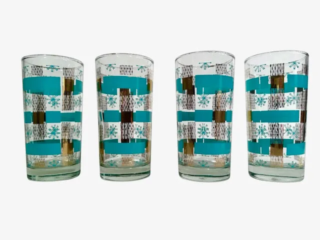 Dominion Glass Mid-Century Turquoise and Gold Snowflakes Glasses (Set of 4)