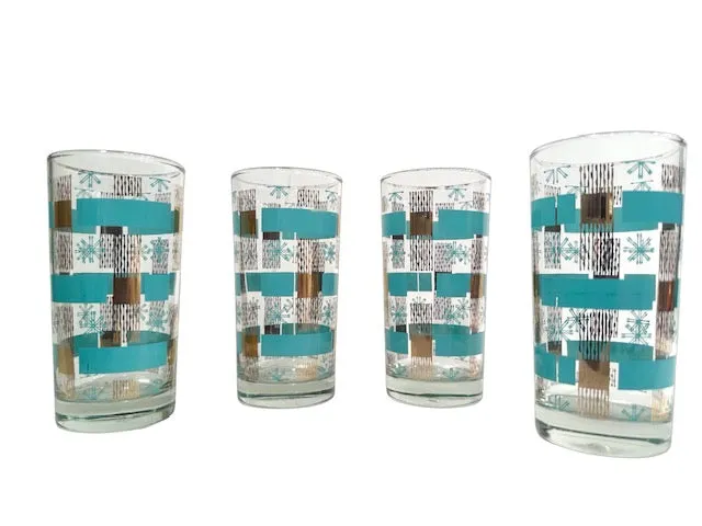 Dominion Glass Mid-Century Turquoise and Gold Snowflakes Glasses (Set of 4)