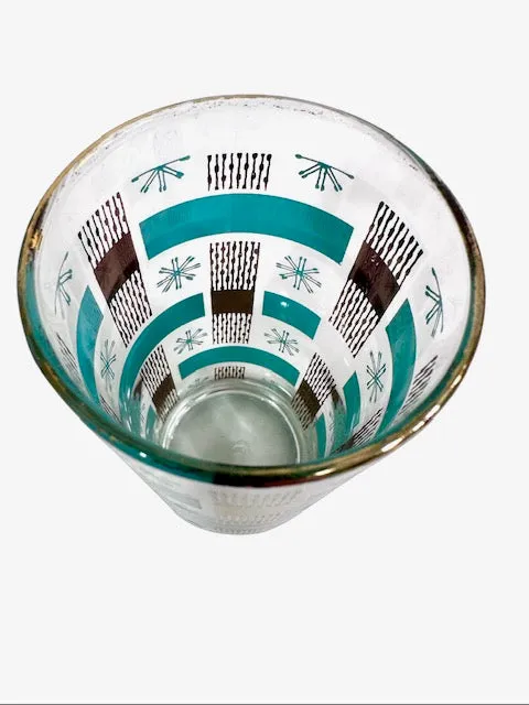 Dominion Glass Mid-Century Turquoise and Gold Snowflakes Glasses (Set of 4)