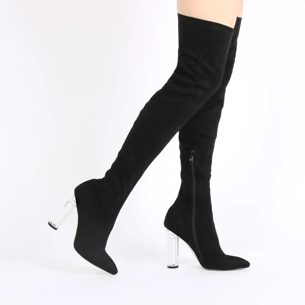 Dominique Long Boots in Black Faux Suede With Clear Perspex Heel